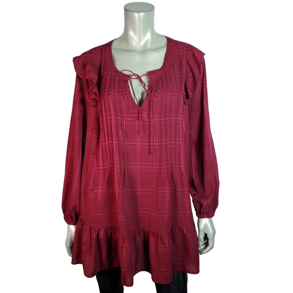 Lane Bryant Peasant Top Plus Size 14/16 Ruffle Pleated Long Sleeve Tie Neck Red - Picture 1 of 6